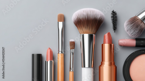 Elegant makeup tools and cosmetics artfully displayed on a smooth gray surface, illuminated by gentle light, showcasing their refined beauty and artistry.
