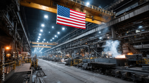 Steel Industry Spirit, vibrant American flag proudly displayed over an active steel production line, showcasing the heart of national manufacturing and resilience.