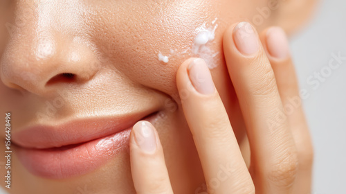 Nourishing Skincare Ritual, a close-up view of a woman's hand delicately spreading a rich moisturizer, highlighting the intricate texture of her skin against a pure white backdrop