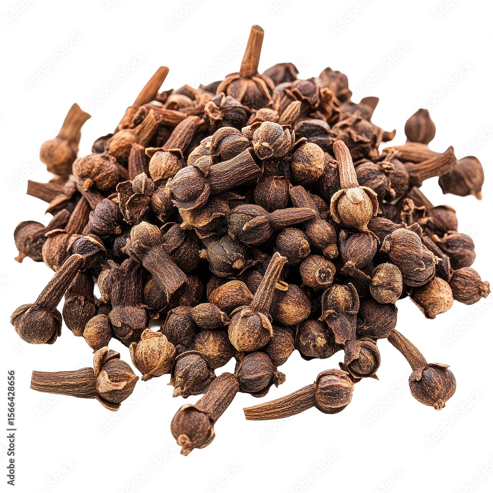 Fototapeta premium Pile of dried cloves isolated on a Transparent background for cooking and baking purposes, Pile cloves isolated on PNG background