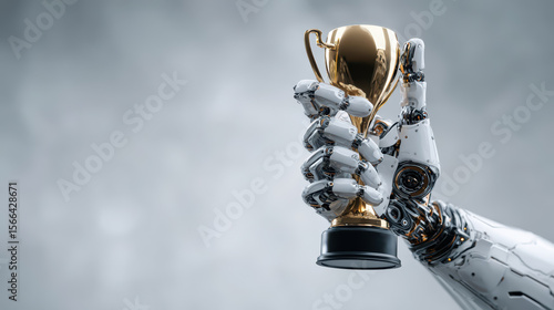 AI Excellence Award Ceremony, Celebrating innovation with a robotic hand grasping a trophy labeled AI Agent, representing superiority in automation and performance achievements