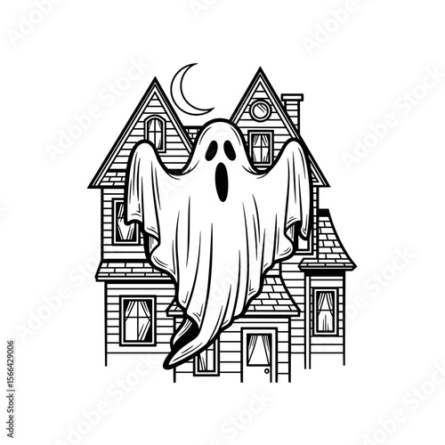 Ghost hovering in front of a spooky house, moon in the background, black and white illustration, Halloween theme