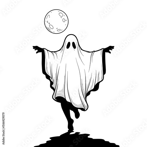 Ghost dancing under the full moon, joyful expression, black and white illustration, Halloween theme