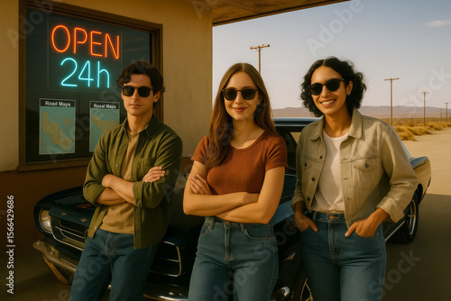 A young company, a guy and two girls pose in front of a car at a gas station during a car trip
