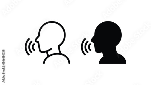 Vector art of a person speaking is depicted in black outline and black fill isolated on white background