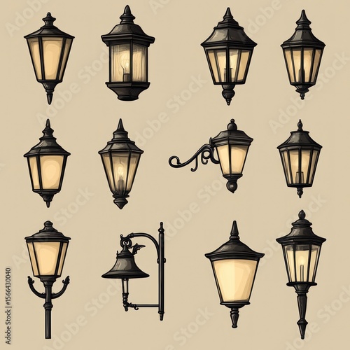 Collection of vintage-style street lamps