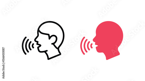 Vector art of a person speaking is depicted in black outline and red fill isolated on white background