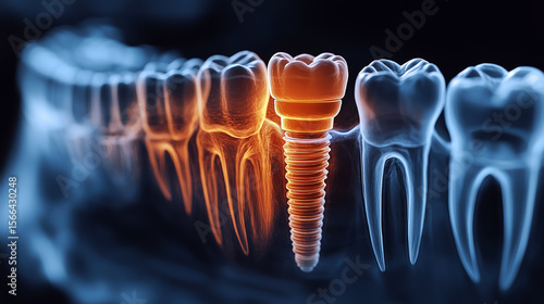 Detailed view of dental implants in a jawbone model showcasing teeth replacement technology and surgical planning techniques