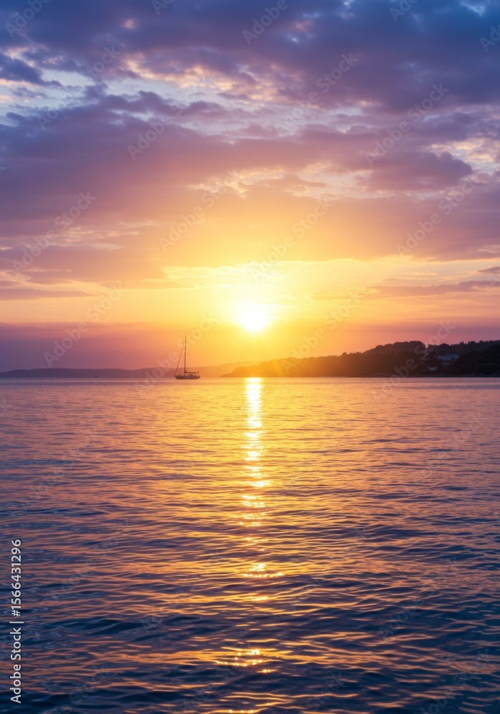 Fototapeta premium Vibrant Sunset Over Calm Ocean with Sailboat