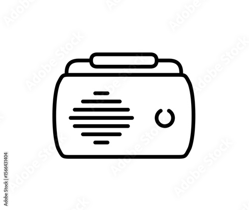 Simple black and white line art illustration of a toaster with a handle.