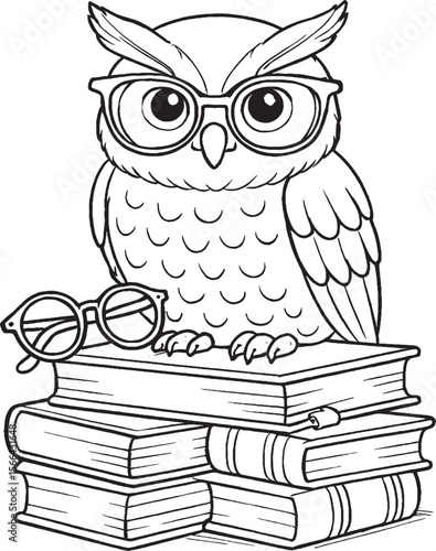 "Intelligent Owl with Glasses Sitting on Books – Educational Line Art Vector"