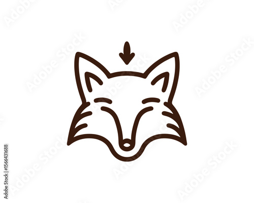 Minimalist brown line art fox face with a downward arrow above