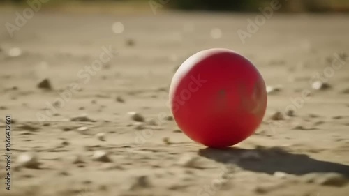 A vibrant red ball rolling across a sandy terrain under a clear sky, evoking playful outdoor activities