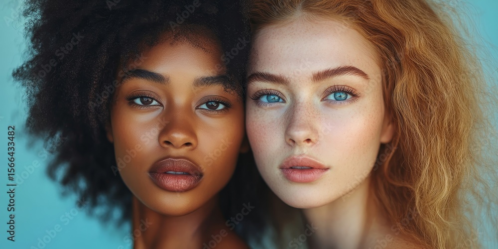 Obraz premium Multi-ethnic female model standing back to back, showcasing the beauty of diversity and strength through unity and collaboration, Generative AI