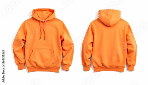Front and back view of an orange hooded sweatshirt, laid flat on a white surface.