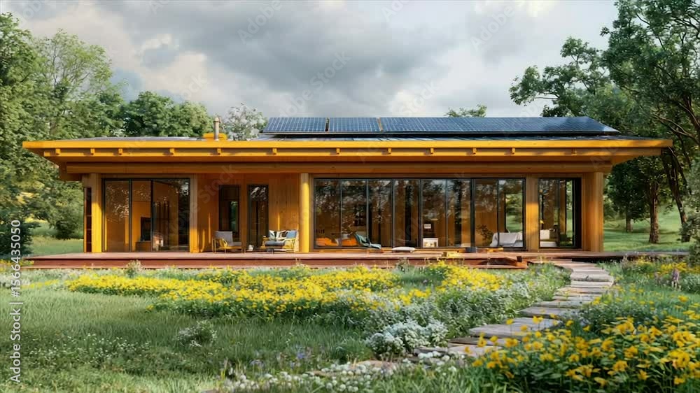 Modern, solar-powered, single-story home with large windows, wooden construction, and expansive deck overlooking a wildflower meadow Modern, solar-powered, single-story home with large windows, wooden construction, and expansive deck overlooking a wildflower meadow