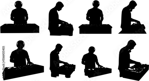 Silhouette of DJ mixing music on turntables. Clipart image isolated on background.
