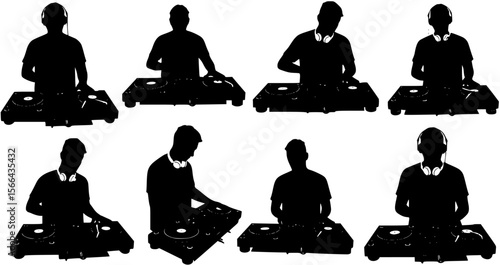 Silhouette of DJ mixing music on turntables. Clipart image isolated on background.
