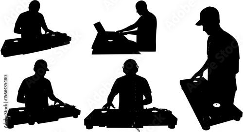 Silhouette of DJ mixing music on turntables. Clipart image isolated on background.
