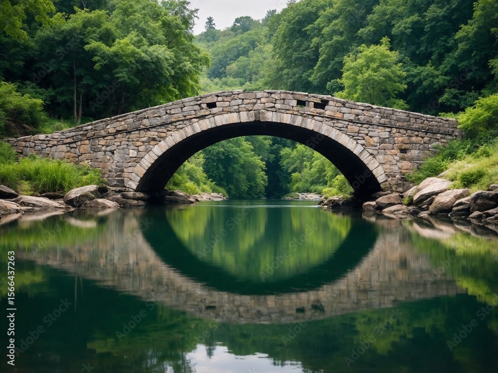 Fototapeta premium Old stone bridge crossing a calm river, lush greenery, reflection in water, daylight