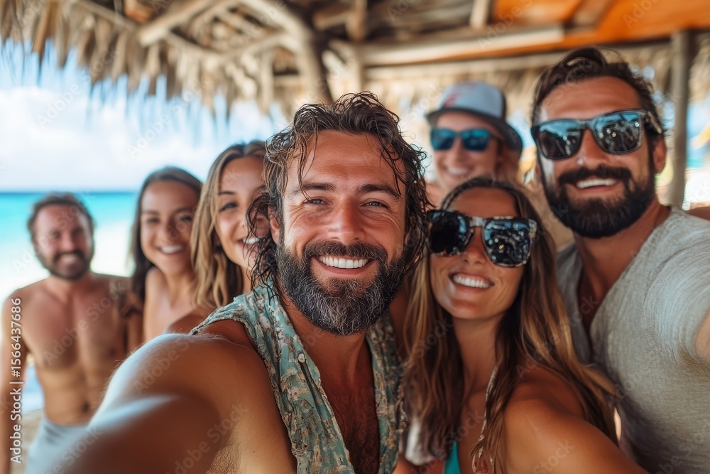 Fototapeta premium Woman taking a selfie with friends at a beach party, capturing the vibrant energy and memories of a fun, sun-filled day, Generative AI