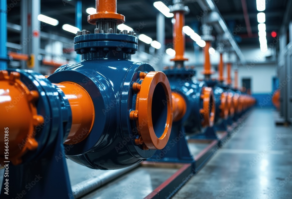 Industrial pipeline system with large blue and orange valves in a manufacturing facility Industrial pipeline system with large blue and orange valves in a manufacturing facility