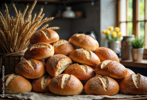 Freshly baked bread rolls stacked on a rustic table in a cozy kitchen setting