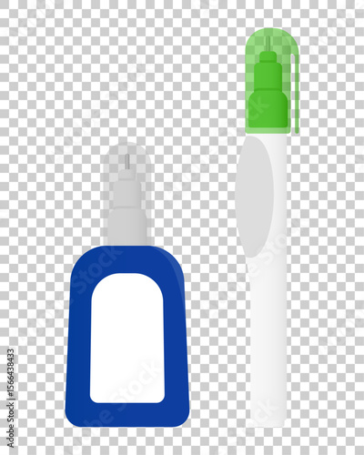 Flat vector of liquid correction pens in white-green and blue-white. Designed with soft lighting and plastic texture.