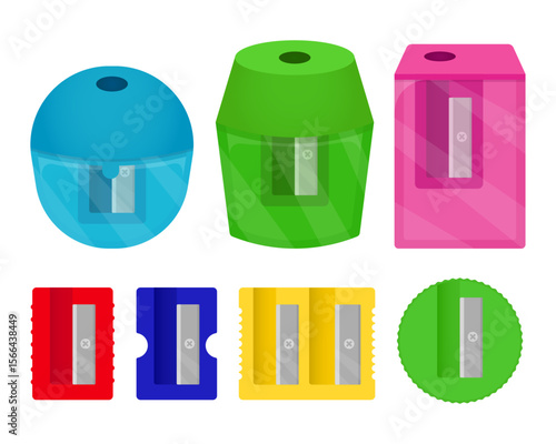 Collection of various manual pencil sharpeners in different shapes and colors with plastic shaving containers.