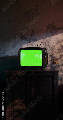 Retro TV in a dim room with chroma key screen - vertical video for social media purposes. Thunderstorm flashes cast shadows on textured walls. Halloween horror atmosphere. Clip seamless looped. CGI