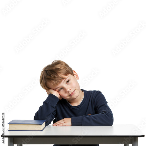 Young boy looking bored while resting head on hand at desk  