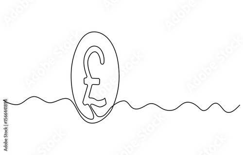 Continuous line drawing of pound sterling symbol. Line art of pound coin sign, pound sterling sign continuous one line drawing,
