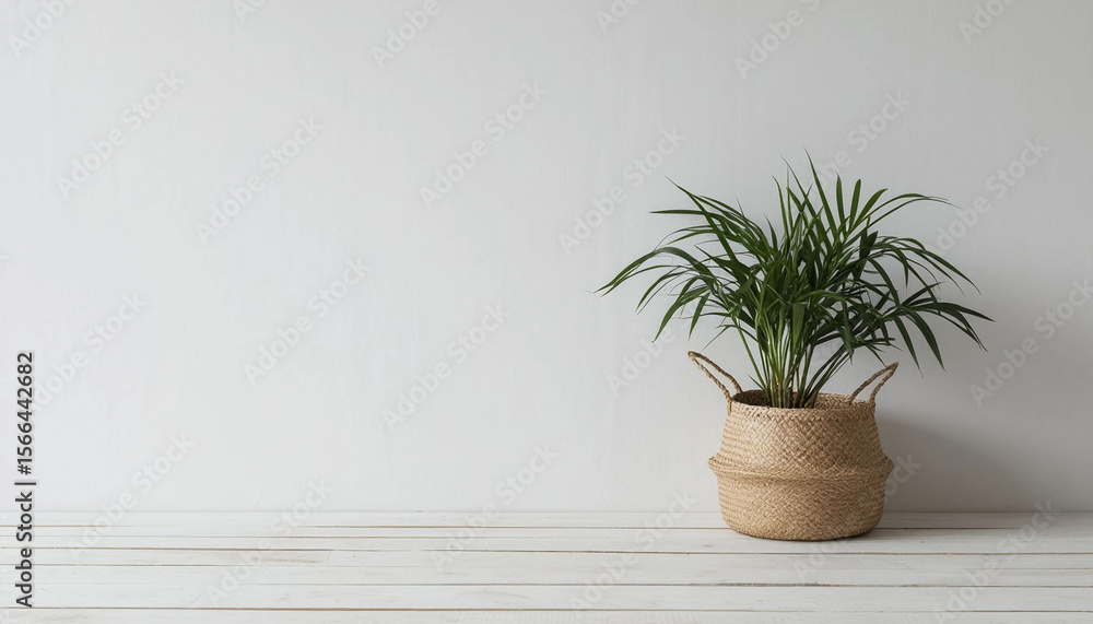 Fototapeta premium white minimalist wall and green potted houseplant Copy space.
