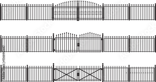 Wrought iron gate illustrations. Black metal fence entrance in different styles. Silhouette of a Victorian steel fence.
