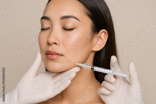 Close-up of young Asian woman receiving cosmetic facial injection in cheek area. Beautician wearing gloves holding syringe during aesthetic anti-aging treatment.