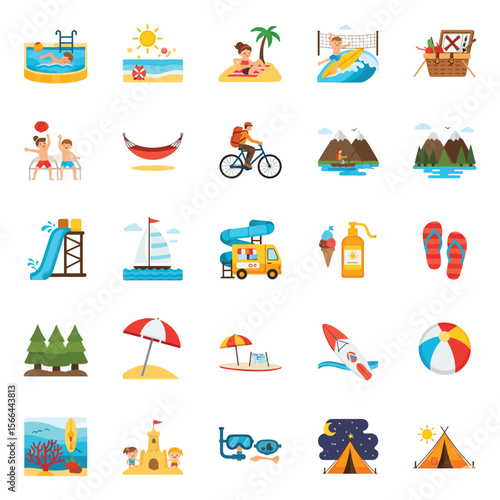 Collection of flat design summer vacation and outdoor activity icons beach swimming