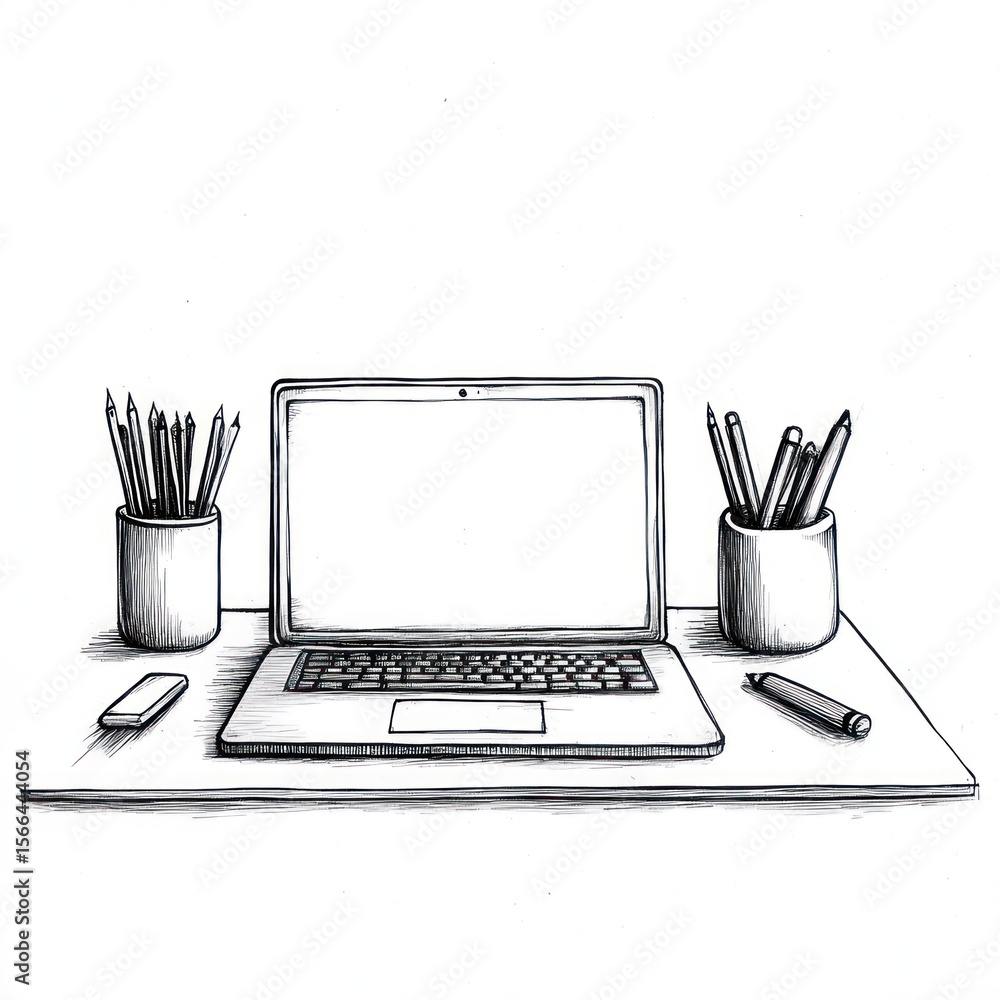 Fototapeta premium Hand-drawn laptop and pencils on a desk