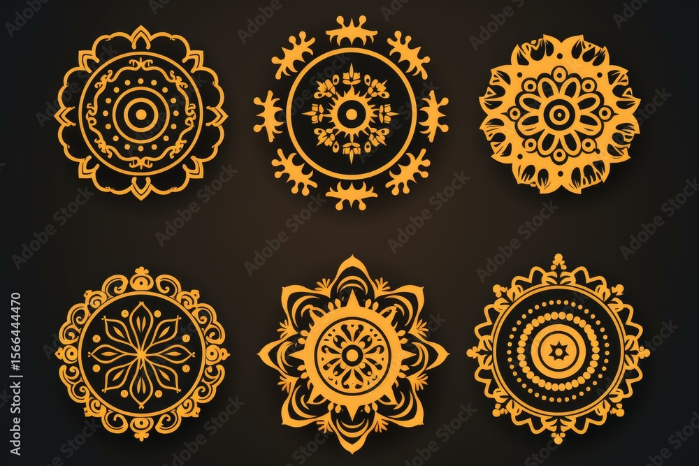Six golden mandalas forming a beautiful decorative element on a dark background Six golden mandalas forming a beautiful decorative element on a dark background