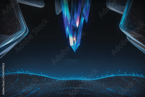 Futuristic digital landscape with glowing blue crystalline structures, wireframe terrain, cyberpunk sparkles, and bold cyan-white typography centered 