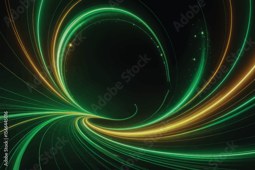 Futuristic tunnel arcs diagonally with glowing green-gold streaks, star-like particles, digital text, and high-tech reflections on curved surfaces 