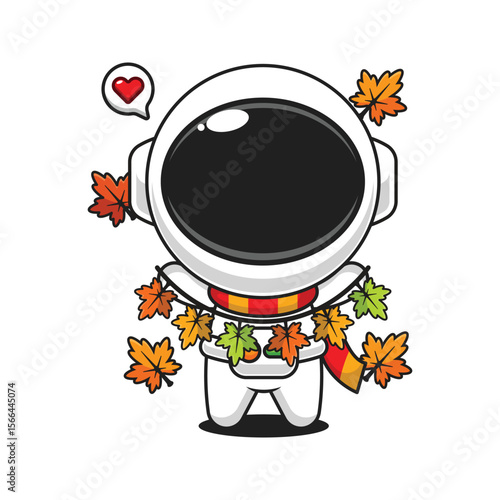 Cute astronaut holding autumn leaf decoration in autumn day cartoon vector illustration