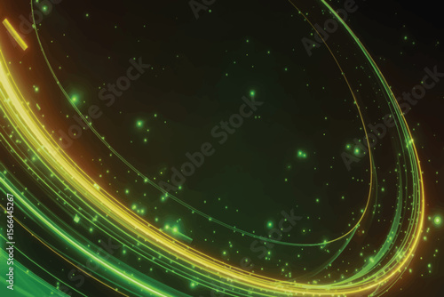 Futuristic tunnel arcs diagonally with glowing green-gold streaks, star-like particles, digital text, and high-tech reflections on curved surfaces 