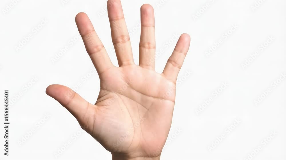 Isolated human hand showing five fingers extended on a plain white background with natural skin tones and texture for visual aid.