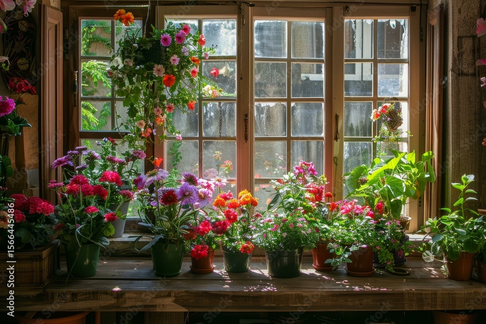 Fototapeta premium Potted flowers in vibrant colors sit on a rustic window sill, illuminated by natural light, creating a cheerful indoor garden