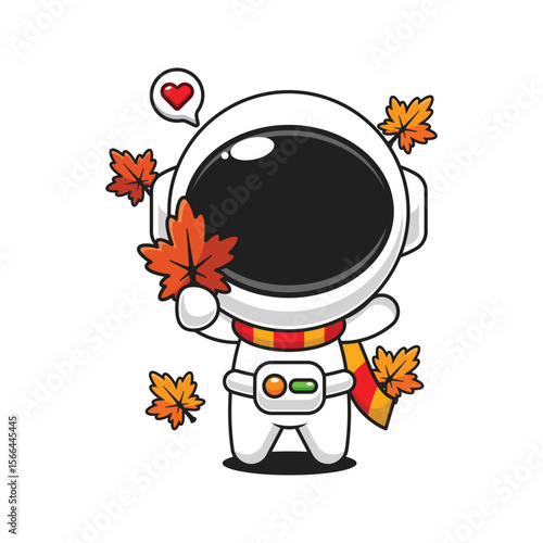 Cute astronaut holding maple leaf in autumn cartoon vector illustration