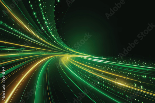 Futuristic tunnel arcs diagonally with glowing green-gold streaks, star-like particles, digital text, and high-tech reflections on curved surfaces 