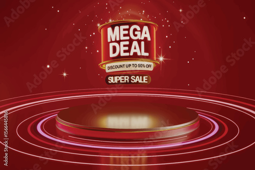 Glowing “MEGA DEAL” banner above floating silver platform with spiral red energy rings, sparkles, and luxurious red gradient backdrop 