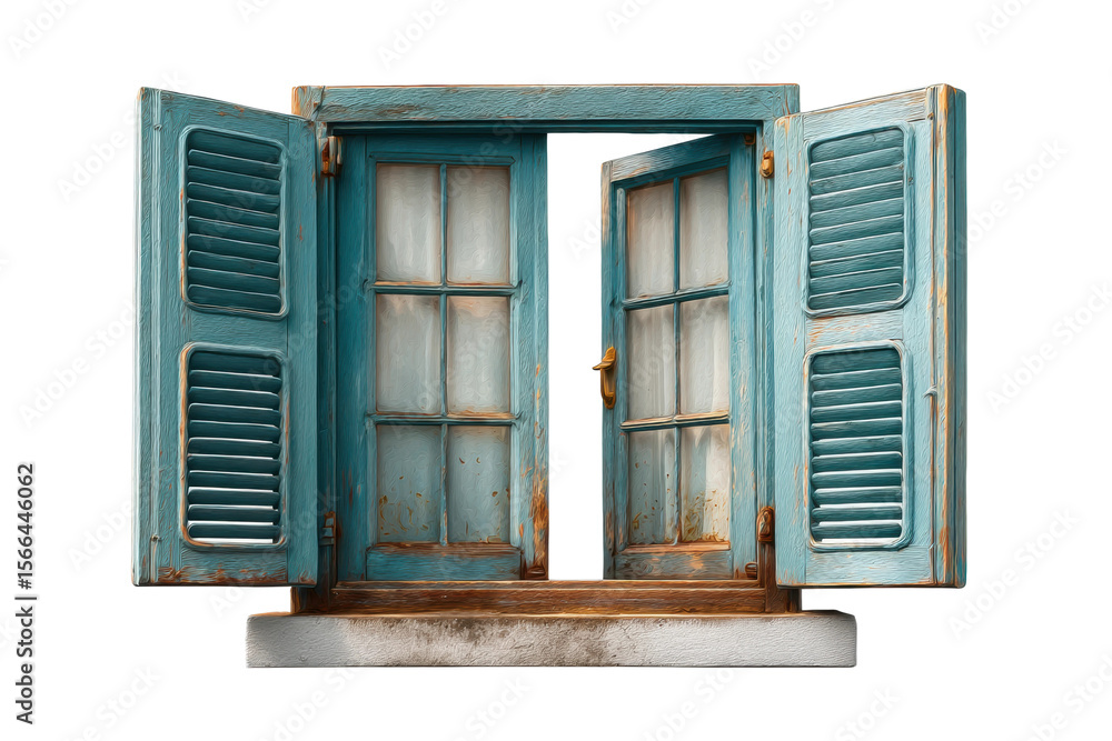 Fototapeta premium PNG Rustic teal wooden window with open shutters and weathered frame