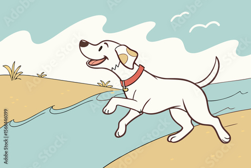 Cartoon white dog running through shallow water at beach
