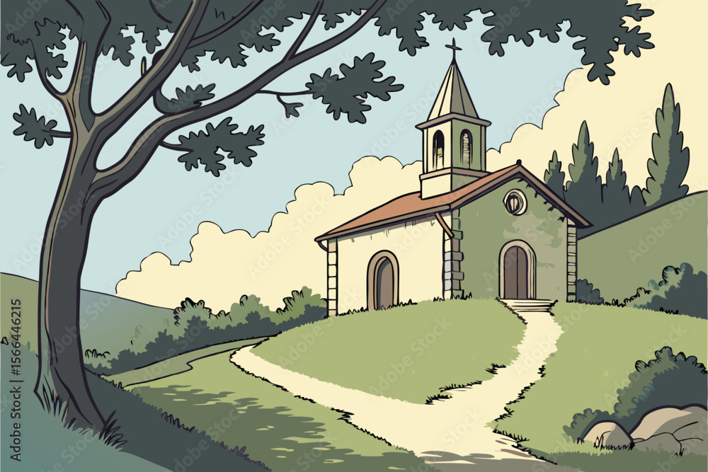 Naklejka premium Countryside church with winding path and large tree